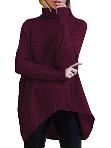 ORANDESIGNE Rollkragenpullover Fledermausärmel Asymmetrischer Saum Damen Pullover Lässiger Pullover Strickpullover Mittlere Länge Lose Pullover Sweatshirt C Weinrot L von ORANDESIGNE