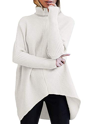 ORANDESIGNE Rollkragenpullover Fledermausärmel Asymmetrischer Saum Damen Pullover Lässiger Pullover Strickpullover Mittlere Länge Lose Pullover Sweatshirt C Weiß L von ORANDESIGNE