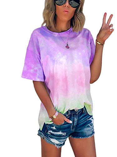 ORANDESIGNE Rosa Tie Dye Batik Bunte Kurzarm Rundhals Oversize Ausgefallene Hippie Pastell T-Shirt Tops Oberteile Damen Mode 01 Violett 38 von ORANDESIGNE