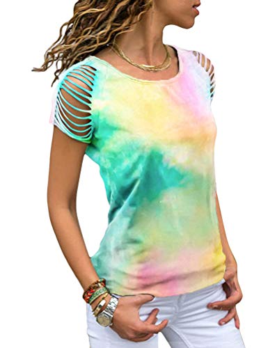 ORANDESIGNE Rosa Tie Dye Batik Bunte Kurzarm Rundhals Oversize Ausgefallene Hippie Pastell T-Shirt Tops Oberteile Damen Mode 02 Grün 40 von ORANDESIGNE