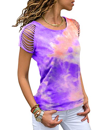 ORANDESIGNE Rosa Tie Dye Batik Bunte Kurzarm Rundhals Oversize Ausgefallene Hippie Pastell T-Shirt Tops Oberteile Damen Mode 02 Violett 42 von ORANDESIGNE