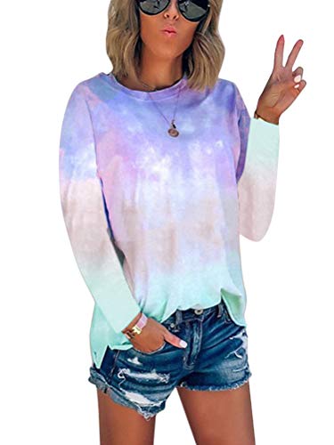 ORANDESIGNE Rosa Tie Dye Batik Bunte Langarm Rundhals Oversize Ausgefallene Hippie Pastell T-Shirt Tops Oberteile Damen Mode Dunkelblau L von ORANDESIGNE