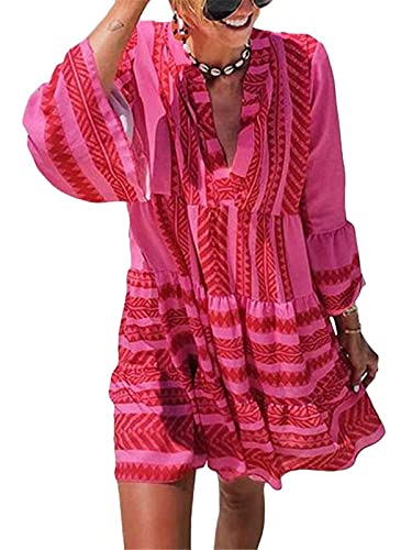 ORANDESIGNE Rose Damen Kleider Strand Elegant Casual A-Linie Kleid 3/4-Arm Sommerkleider Boho V-Ausschnitt Tunika Mini Kleider A Rose M von ORANDESIGNE