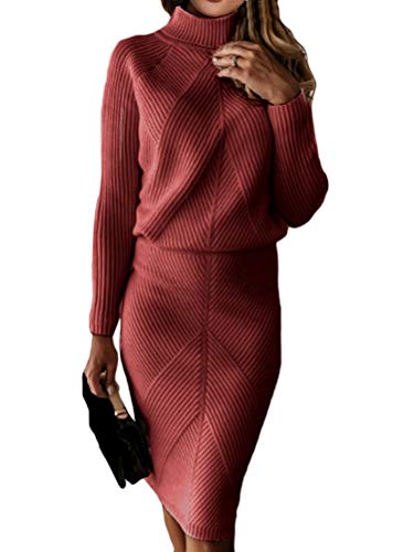 ORANDESIGNE Rot Damen Strickkleid Zweiteiliger Anzug Pullover Oberteil und Midi Strickrock Bodycon 2 Stück Set Midikleid Rollkragen Pulloverkleid C Rot L von ORANDESIGNE