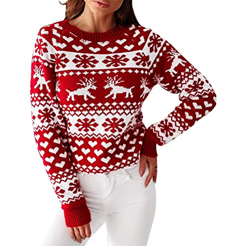 ORANDESIGNE Rot Damen Weihnachts Gestrickter Pullover Winter Langarm Rundhals Rentier Schneeflocken Weihnachtspullover Gestrickte Jumper Sweatshirt Strickpullover C Rot M von ORANDESIGNE