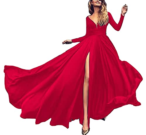 ORANDESIGNE Rot Schlitz Drapierte Unregelmäßig V-Ausschnitt Langarm Elegant Partei Maxikleid Abendkleid Ballkleid L von ORANDESIGNE