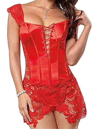 ORANDESIGNE Rot Spitze Latex PU Schnürung V-Ausschnitt Rückenfrei Gothic Kunstleder Corsage Bustier Korsett Korsagenkleid 3XL von ORANDESIGNE