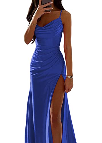 ORANDESIGNE Satin Abendkleid Damen Spaghettiträger Maxikleid Fischschwanzkleider Elegant Lange A-Linie Backless Cocktailkleider Sexy Lang Brautjungfer Kleid Partykleid mit Schlitz A Blau, S von ORANDESIGNE