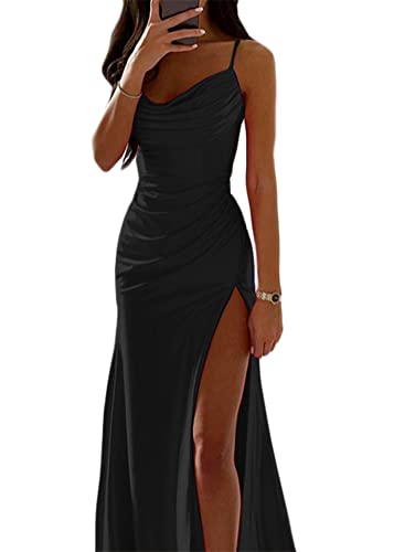 ORANDESIGNE Satin Abendkleid Damen Spaghettiträger Midikleid Fischschwanzkleider Elegant Lange A-Linie Backless Cocktailkleider Sexy Lang Brautjungfer Kleid Partykleid mit Schlitz A Schwarz L von ORANDESIGNE