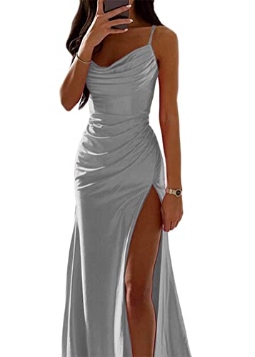 ORANDESIGNE Satin Abendkleid Damen Spaghettiträger Midikleid Fischschwanzkleider Elegant Lange A-Linie Backless Cocktailkleider Sexy Lang Brautjungfer Kleid Partykleid mit Schlitz A Grau L von ORANDESIGNE