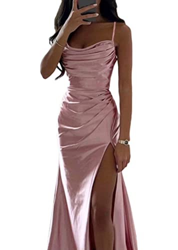 ORANDESIGNE Satin Abendkleid Damen Spaghettiträger Midikleid Fischschwanzkleider Elegant Lange A-Linie Backless Cocktailkleider Sexy Lang Brautjungfer Kleid Partykleid mit Schlitz A Rosa M von ORANDESIGNE