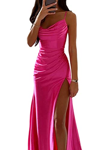 ORANDESIGNE Satin Abendkleid Damen Spaghettiträger Midikleid Fischschwanzkleider Elegant Lange A-Linie Backless Cocktailkleider Sexy Lang Brautjungfer Kleid Partykleid mit Schlitz A Rosarot, XS von ORANDESIGNE