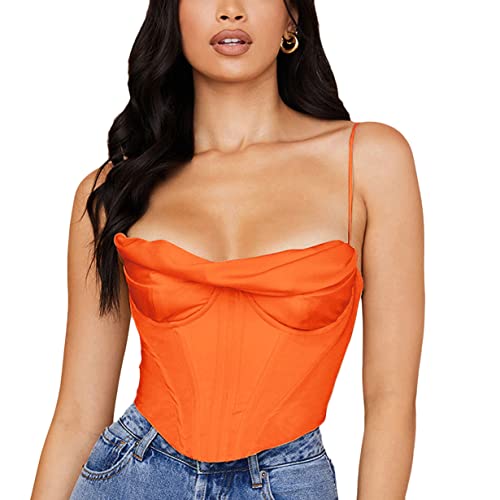 ORANDESIGNE Satin Spaghettiträger Party Crop Top Niedliches Reißverschluss Outfit Korsett Y2K Modische Bustiers für Damen Camisole Leibchen aus Satin mit Fischgrätenmuster A Orange XS von ORANDESIGNE