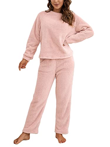 ORANDESIGNE Schlafanzug Damen Lang Fleece Pyjama Schlafhosen Und Oberteile Warmes Kuschelig Nachtwäsche Hausanzug Winter A Rose S von ORANDESIGNE