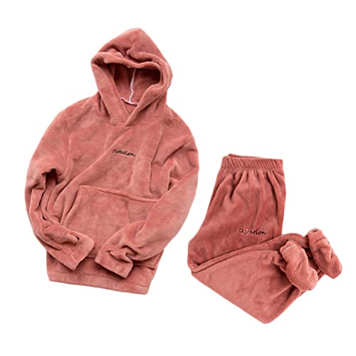 ORANDESIGNE Schlafanzug Damen Lang Fleece Pyjama Schlafhosen Und Oberteile Warmes Kuschelig Nachtwäsche Hausanzug Winter C Rot L von ORANDESIGNE