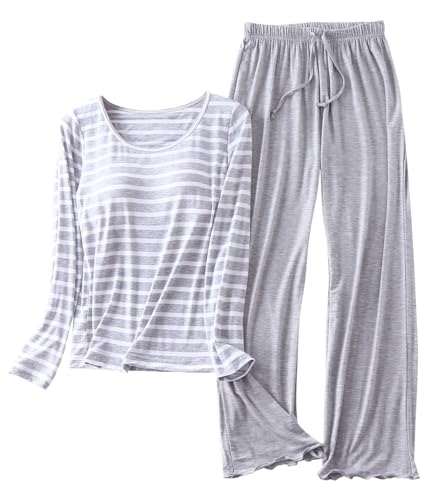 ORANDESIGNE Schlafanzug Damen Lang Kuschelig Dünn Leicht Zweiteiliger Pyjama Set mit Brustpolster Frühling Sommer Rundhals Lounge Set Freizeitanzug Streifen T-Shirt + Hose 2 Teilig B Grau XL ORANDESIGNE Schlafanzug Damen Lang Kuschelig Dünn Leicht Zweiteiliger Pyjama Set mit Brustpolster Frühling Sommer Rundhals Lounge Set Freizeitanzug Streifen T-Shirt + Hose 2 Teilig B Grau XL von ORANDESIGNE