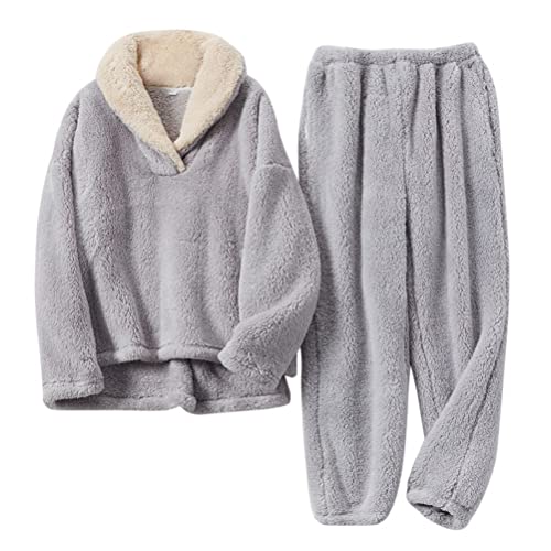 ORANDESIGNE Schlafanzug Für Damen 2-Set Fleece Schlafanzug Frauen Zweiteiler Kuschelanzug Flauschig Schlafanzüge Fleece Flanell Thermo Winter Pyjama Set Thermokleidung Hausanzug A grau S von ORANDESIGNE