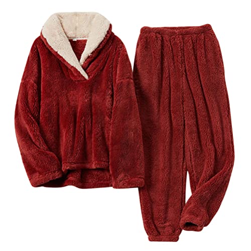 ORANDESIGNE Schlafanzug Für Damen 2-Set Fleece Schlafanzug Frauen Zweiteiler Kuschelanzug Flauschig Schlafanzüge Fleece Flanell Thermo Winter Pyjama Set Thermokleidung Hausanzug A rot L von ORANDESIGNE