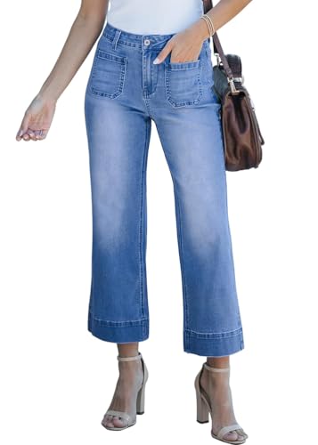 ORANDESIGNE Schlaghose Damen Jeans Wide Leg Boyfriend Jeans Culotte 7/8 High Waist Y2K Jeanshose Sommer Stretchy Weites Bein Flared Hosen B Blau S von ORANDESIGNE
