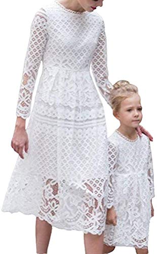 ORANDESIGNE Schönes Mutter Tochter Schulterfrei Kleider Blumenmuster Kleider Sommer Matching Outfits Familien Kleidung Spitzen Prinzessin Kleid Netznähten Kleid E Weiß XL von ORANDESIGNE