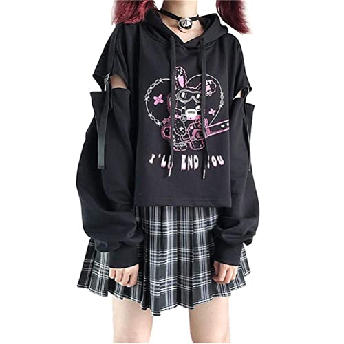 ORANDESIGNE Schwarz Anime Kleidung Gothic Hoodie Damen Schulsachen Kawaii Fake Two Pullover Japan Harajuku Top e-Girl Teenager Mädchen Clothes K XS von ORANDESIGNE