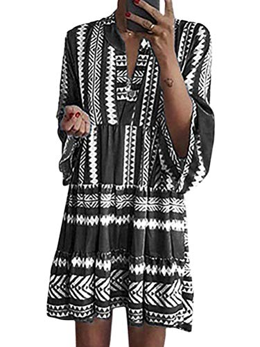 ORANDESIGNE Schwarz Damen Kleider Strand Elegant Casual A-Linie Kleid 3/4-Arm Sommerkleider Boho V-Ausschnitt Tunika Mini Kleider A Schwarz XL von ORANDESIGNE