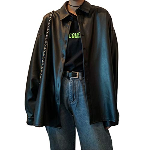 ORANDESIGNE Schwarz Damen Lederhemd Y2K Retro Punk Übergroßer PU Lederblazer Lederjacke Gotische Blusenjacke Langarm Einreiher Kunstleder Blusen D Schwarz M von ORANDESIGNE