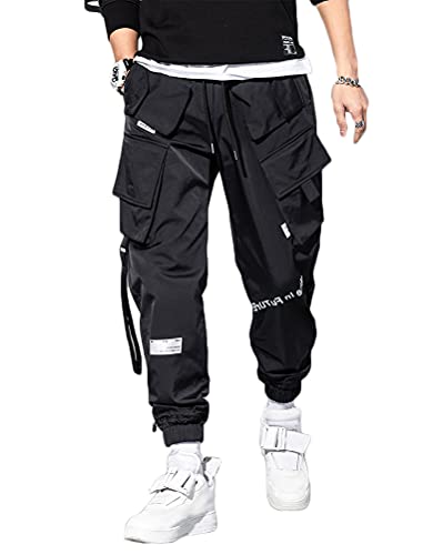 ORANDESIGNE Schwarz Herren Arbeit Kampf Cargohose mit Taschen Schnalle Riemen Techwear Hose, Herren Arbeit Freizeit Hose, Modisch Elastisch Hose M Schwarz M von ORANDESIGNE