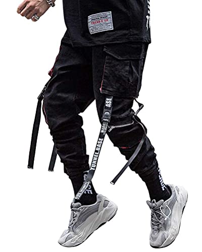 ORANDESIGNE Schwarz Herren Cargohose Arbeit Kampf Techwear Hose Hip Hop Mehrere Taschen Tapered Hosen Schnalle Riemen Jogginghose Sweatpants C Schwarz 3XL von ORANDESIGNE