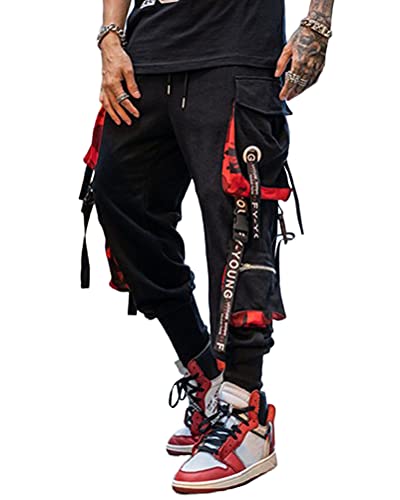 ORANDESIGNE Herren Cargohose Arbeit Kampf Techwear Hose mit Taschen Jogginghose Hip Hop Jogger Hosen A Schwarz XL von ORANDESIGNE