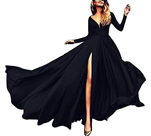 ORANDESIGNE Schwarz Schlitz Drapierte Unregelmäßig V-Ausschnitt Langarm Elegant Partei Maxikleid Abendkleid Ballkleid L von ORANDESIGNE