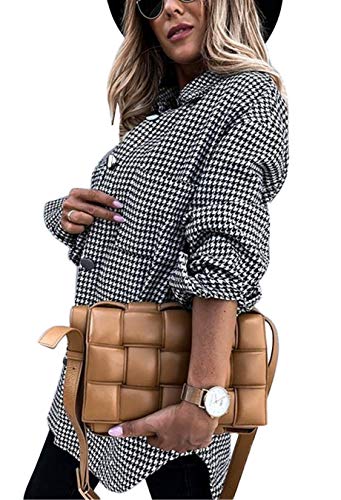 ORANDESIGNE Schwarz Weiße Kariertes Taschen Knöpfen Umlegekragen Langarm Oversize Bluse Hemdjacke Damen Mode L von ORANDESIGNE
