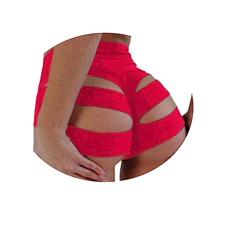 ORANDESIGNE Scrunch Butt Sportshorts Damen Push Up Booty Nahtlos Biker Yoga Fitness Gym Shorts Hohe Taille Pole Dance Rüschen Bikini Rave Cut Out Clubwear A Rot XL von ORANDESIGNE