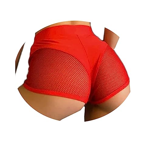 ORANDESIGNE Scrunch Butt Sportshorts Damen Push Up Booty Nahtlos Biker Yoga Fitness Gym Shorts Hohe Taille Pole Dance Rüschen Bikini Rave Cut Out Clubwear D Rot XL von ORANDESIGNE