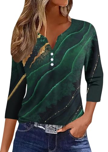 ORANDESIGNE Shirt 3/4 Arm Damen Mit Print Frühling Sommer Tshirt Lässiges Geblümt Geometrisch Knopf T-Shirt Bequeme 3/4-Ärmel Tops mit V-Ausschnitt Bedrucktes Sommeroberteile A Dunkelgrün XS von ORANDESIGNE