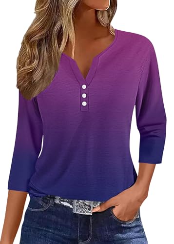 ORANDESIGNE Shirt 3/4 Arm Damen Sommer Tshirt Lässiges Einfarbig Farbverlaufs Gestreift Knopf T-Shirt Bequeme 3/4 Ärmel Tops mit V-Ausschnitt Basic Oberteile Bedrucktes T-Shirt B Dunkellila XS von ORANDESIGNE