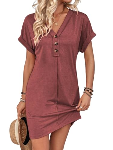 ORANDESIGNE Shirtkleid Damen Sommer T Shirt Kleid V-Ausschnitt Sommerkleid Leicht Kurzarm Minikleid mit Knöpfen A Weinrot L von ORANDESIGNE