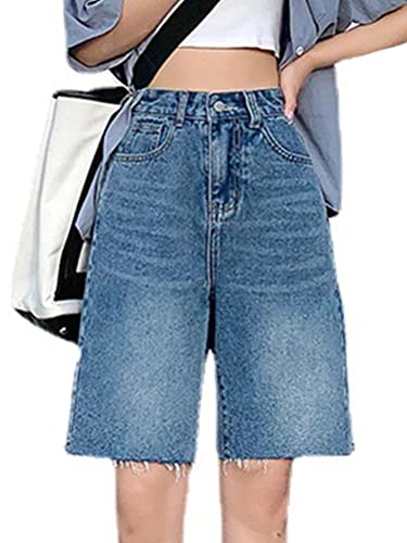 ORANDESIGNE Short Damen Knielang Jeans Bermuda Shorts Kurze Hose High Waist Ripped Jeans Shorts Teenager Mädchen Casual Lässige Denim Shorts Hotpants Streetwear 04-Blau L von ORANDESIGNE