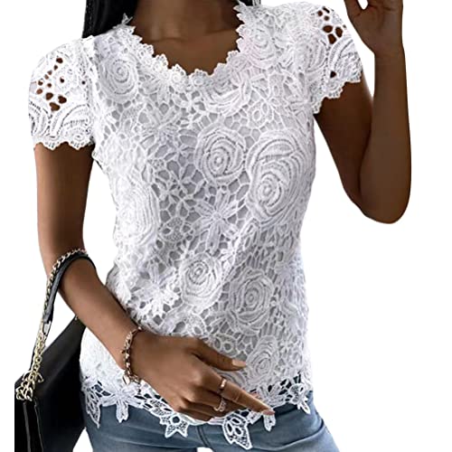 ORANDESIGNE Sommer Bluse Damen O-Ausschnitt Shirt Solide Kurzarm Tops Lässige T-Shirt Oberteile für Damen Frauen Bluse Spitze T-Shirt Elegant Frühling Sommer Oberteile Tunika AB Weiß M von ORANDESIGNE