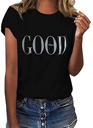 ORANDESIGNE Sommer Damen T-Shirt Good Vibes Brief Gedruckt Kurzarm Rundhalsausschnitt Basic Grafikdruck Kurzarm Lose Damen Rundhals Casual Top A Schwarz S ORANDESIGNE Sommer Damen T-Shirt Good Vibes Brief Gedruckt Kurzarm Rundhalsausschnitt Basic Grafikdruck Kurzarm Lose Damen Rundhals Casual Top A Schwarz S von ORANDESIGNE