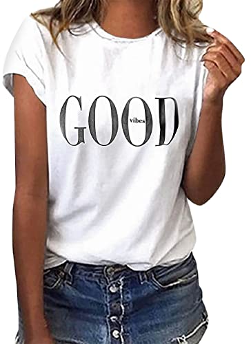 ORANDESIGNE Sommer Damen T-Shirt Good Vibes Brief Gedruckt Kurzarm Rundhalsausschnitt Basic Grafikdruck Kurzarm Lose Damen Rundhals Casual Top A Weiß M von ORANDESIGNE