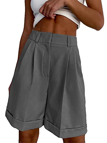 ORANDESIGNE Sommer Lässige Kurze Hose, Elastische Taille Sport Strand Hosen Damen Shorts High Waist Hotpants Einfarbig Freizeit Shorts mit Taschen B Grau XL von ORANDESIGNE