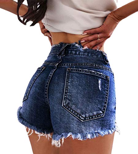 ORANDESIGNE Sommer Stretch Hotpants Damen Mode Jeans Shorts Sexy Bequeme Hohe Taille Denim Kurz Hosen mit Taschen A Dunkelblau Small von ORANDESIGNE