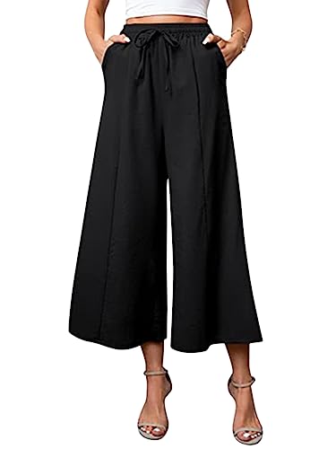 ORANDESIGNE Sommerhose Damen Leicht Elegant Hose Weites Bein 7/8 Stoffhose High Waist Wide Leg Palazzo Flowy Freizeithose Leinen Culottes Hosen Elastischer Bund Leinenhose mit Tasche Schwarz XXL von ORANDESIGNE