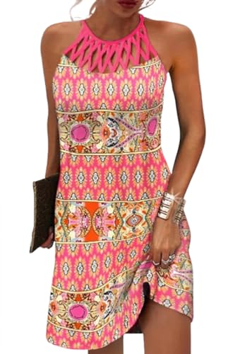 ORANDESIGNE Sommerkleid Damen Ärmellos Netz Rundhals Minikleider Elegant Ethnisches Bedrucktes Kleid Vintage Boho Strandkleider Festlich Blumen Drucken Kleid Kurz Freizeitkleid D Rosa S von ORANDESIGNE