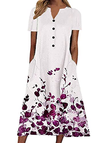 ORANDESIGNE Sommerkleid Damen Blumen Kurzarm V-Ausschnitt Strandkleid High Waist Midikleid Freizeit Knielang Kleider F Violett XXL ORANDESIGNE Sommerkleid Damen Blumen Kurzarm V-Ausschnitt Strandkleid High Waist Midikleid Freizeit Knielang Kleider F Violett XXL von ORANDESIGNE