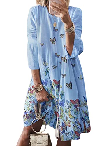 ORANDESIGNE Sommerkleid Damen Boho Kleider Casual A-Linie Rundhals 3/4-Arm T-Shirt Kleider Elegant Knielang Blumen Strand Kleider Lose Tunika Z1 Blau, L von ORANDESIGNE