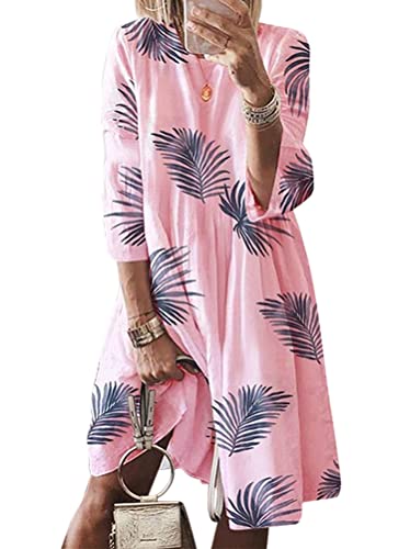 ORANDESIGNE Sommerkleid Damen Boho Kleider Casual A-Linie Rundhals 3/4-Arm T-Shirt Kleider Elegant Knielang Blumen Strand Kleider Lose Tunika Z2 Rosa 3XL von ORANDESIGNE