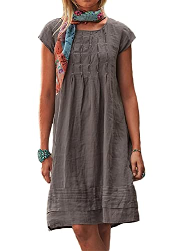 ORANDESIGNE Sommerkleid Damen Casual Kurzarm Leinenkleider Sommer Rundhals Freizeitkleid Strandkleider Boho Langes Kleid Kaftan Madikleider B Braun L von ORANDESIGNE