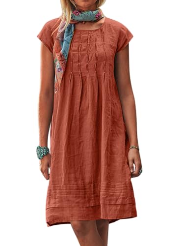 ORANDESIGNE Sommerkleid Damen Casual Kurzarm Leinenkleider Sommer Rundhals Freizeitkleid Strandkleider Boho Langes Kleid Kaftan Madikleider B Orange S von ORANDESIGNE